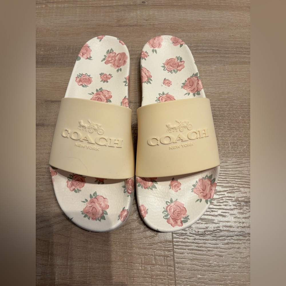 Coach Cream Slide Sandals with Pink Floral Footbed